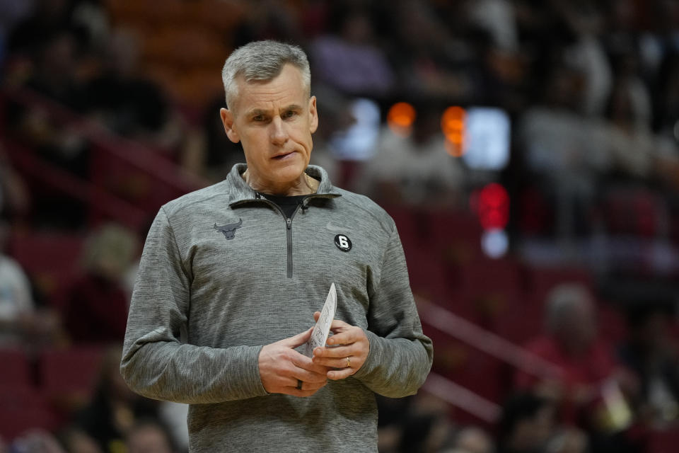 Chicago Bulls head coach Billy Donovan walks onto the court for a timeout during the first half of an NBA basketball play-in tournament game against the Miami Heat, Friday, April 14, 2023, in Miami. (AP Photo/Rebecca Blackwell)