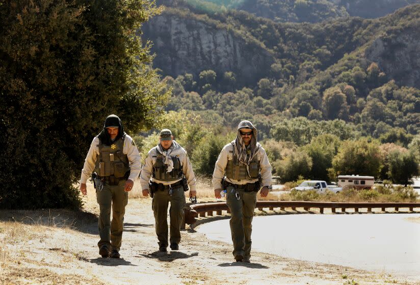 CALABASAS, CALIFORNIA--OCT. 17, 2018--Members of the Los Angeles County Sheriff's department, including the mounted enforcement detail, search Malibu Creek State Park in connection to the arrest of 42-year-old Anthony Rouda, who was captured in the same area on Oct. 10, 2018. (Carolyn Cole/Los Angeles Times)