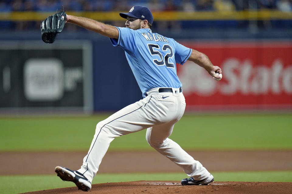 Tampa Bay Rays' Michael Wacha goes into his windup against the Boston Red Sox during the first inning of a baseball game Thursday, June 24, 2021, in St. Petersburg, Fla. (AP Photo/Chris O'Meara)