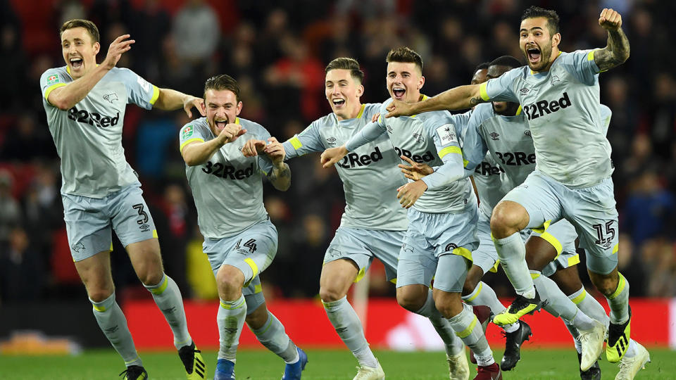 Derby County celebrate victory. (Photo by Gareth Copley/Getty Images)