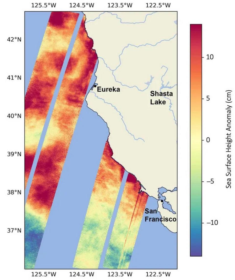 Data visualization shows sea surface heights off Northern California in August as measured by the Surface Water and Ocean Topography satellite, which launched from Vandenberg Space Force Base in December 2022. Red indicates higher-than-average heights, because of a marine heat wave and a developing El Niño, while blue signals lower-than-average heights.