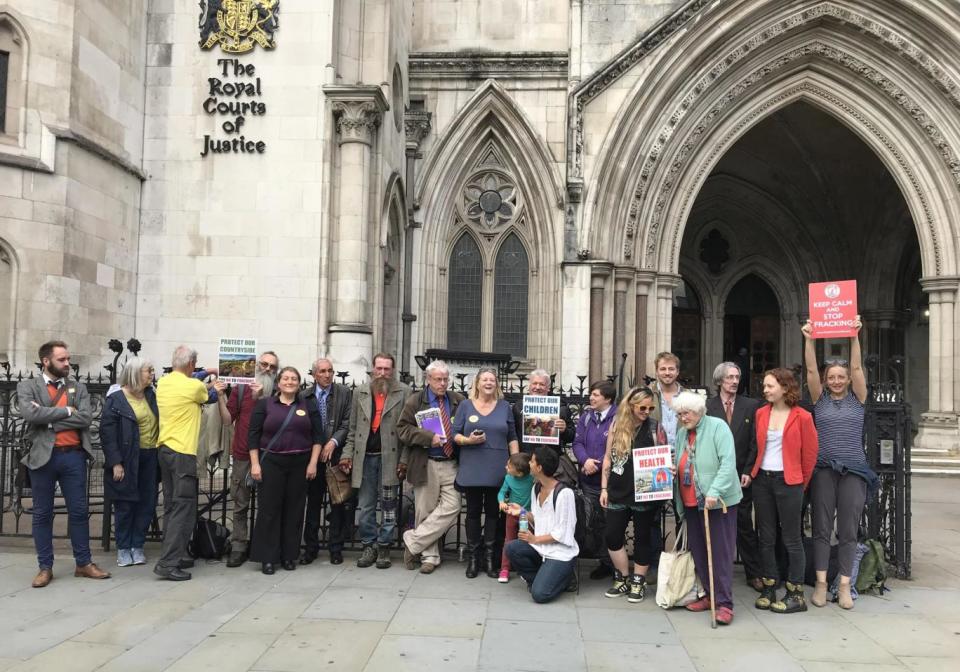 Bob Dennett (third right), who launched the action against Cuadrilla, is joined by campaigners at the High Court. They lost an application for an injunction to prevent fracking at Preston New Road on Friday. (PA Wire/PA Images)