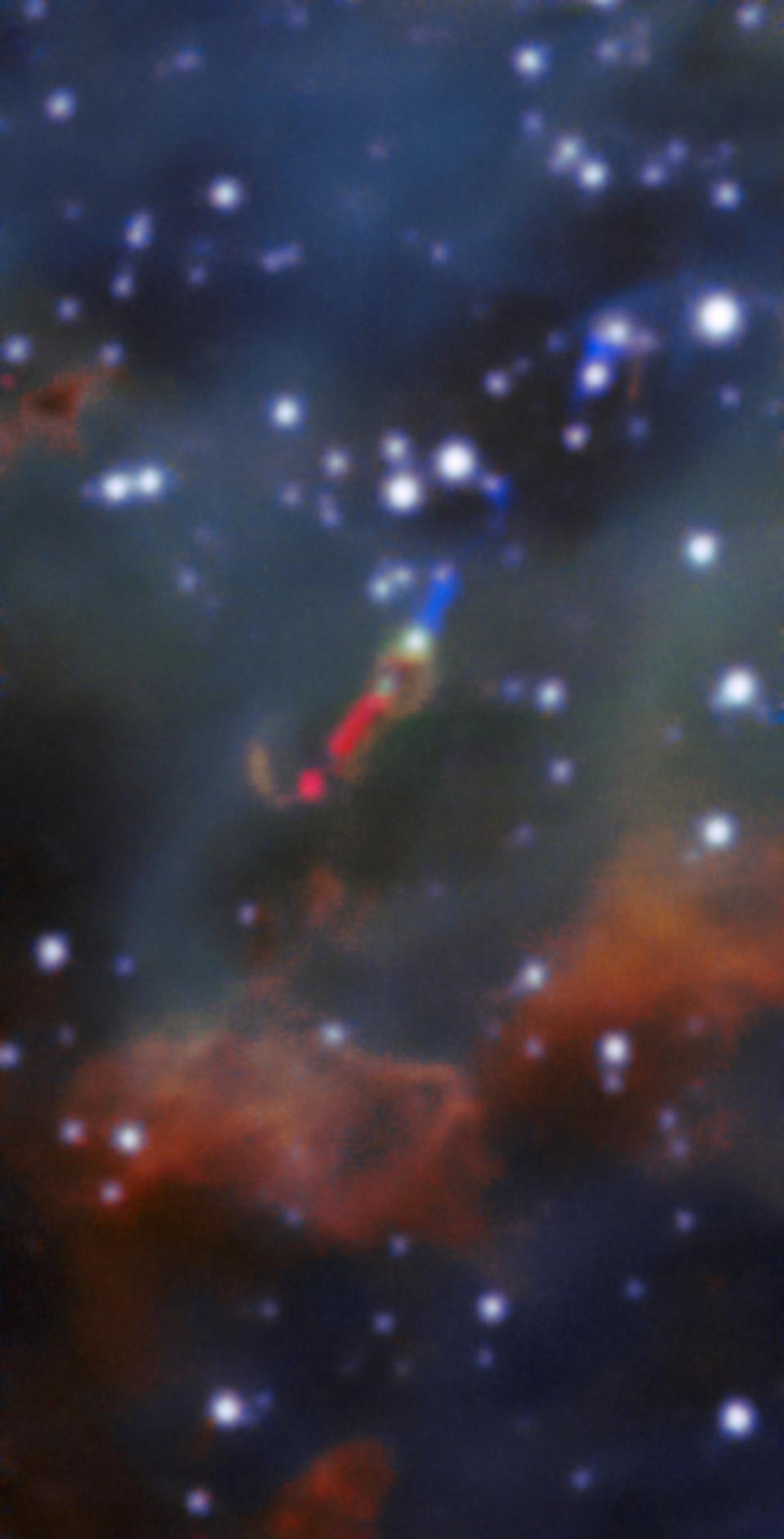 A jet of material spewed by a massive young star stretches nearly 33 light-years in length. This is the first time such a jet has been spotted in visible light outside of the Milky Way. <cite>A. McLeod et al./ESO</cite>