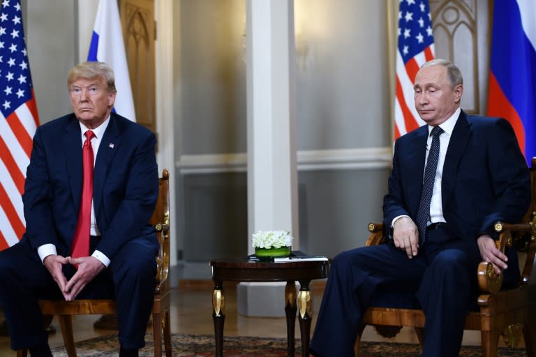 Putin and Trump at a joint press conference in Helsinki on July 16, 2018, when Trump suggested he believed the Russian leader when he denied meddling in the 2016 US election