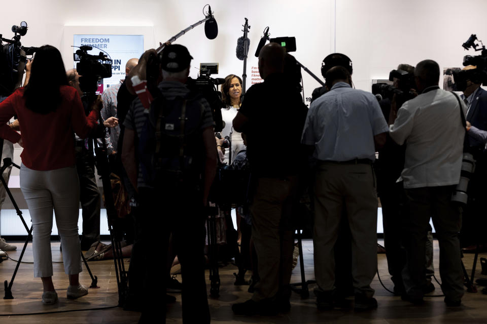 CORRECTS MONTH TO JULY, NOT JUNE - Della Britton, President & CEO of the Jackie Robinson Foundation, speaks to the media inside the Jackie Robinson Museum, Tuesday, July 26, 2022, in New York. (AP Photo/Julia Nikhinson)