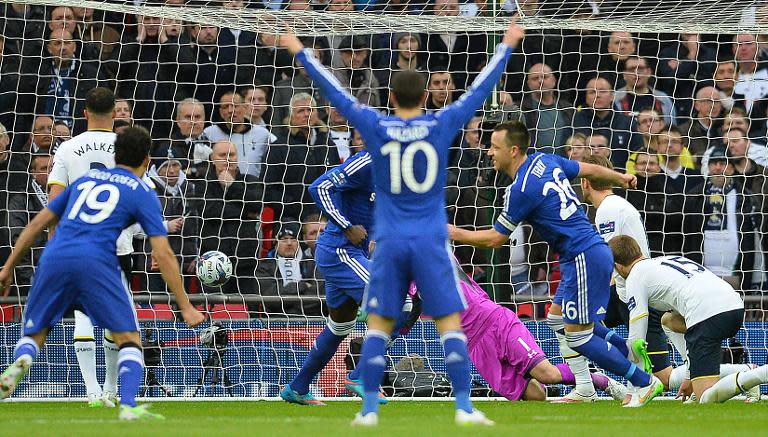 Chelsea's English defender John Terry (3rd R) turns to celebrate after scoring the opening goal of the English League Cup Final football match between Chelsea and Tottenham Hotspur at Wembley Stadium in north London on March 1, 2015