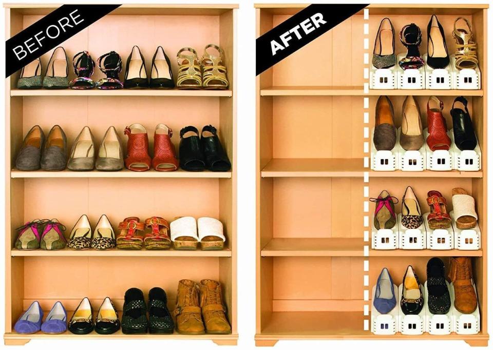 Having more room means you can buy even more shoes!<br /><br /><strong></strong><strong>Promising review:</strong> "Confession time. I am a bit of a shoe fiend. <strong>These little shoe slots have allowed me to fit way more shoes in my closet shelving (yay!) AND having them organized like this keeps my shoes looking nicer because they aren't all scraping against each other.</strong> It also helps me remember which shoes I have because they are all visible. :) The little heel stoppers pop out every so often when I am getting shoes, which is sort of annoying, but this is still a five-star purchase." &mdash; <a href="https://amzn.to/3wSgy1w" target="_blank" rel="nofollow noopener noreferrer" data-skimlinks-tracking="5902331" data-vars-affiliate="Amazon" data-vars-href="https://www.amazon.com/gp/customer-reviews/RPAEJN67RA6NI?tag=bfmal-20&amp;ascsubtag=5902331%2C24%2C37%2Cmobile_web%2C0%2C0%2C16540708" data-vars-keywords="cleaning" data-vars-link-id="16540708" data-vars-price="" data-vars-product-id="20969097" data-vars-product-img="" data-vars-product-title="" data-vars-retailers="Amazon">MoniqueRamsay<br /><br /></a>﻿<strong>Get them from Amazon for <a href="https://amzn.to/32gQGhZ" target="_blank" rel="nofollow noopener noreferrer" data-skimlinks-tracking="5902331" data-vars-affiliate="Amazon" data-vars-asin="B0779JSCHK" data-vars-href="https://www.amazon.com/dp/B0779JSCHK?tag=bfmal-20&amp;ascsubtag=5902331%2C24%2C37%2Cmobile_web%2C0%2C0%2C16540672" data-vars-keywords="cleaning" data-vars-link-id="16540672" data-vars-price="" data-vars-product-id="17872523" data-vars-product-img="https://m.media-amazon.com/images/I/51hRsncZwML.jpg" data-vars-product-title="Shoe Slotz Space-Saving Storage Units in Ivory | As Seen on TV | No Assembly Required | Limited Edition Price Club Value Pack, 10 Piece Set (1)" data-vars-retailers="Amazon">$23.99</a>.</strong>