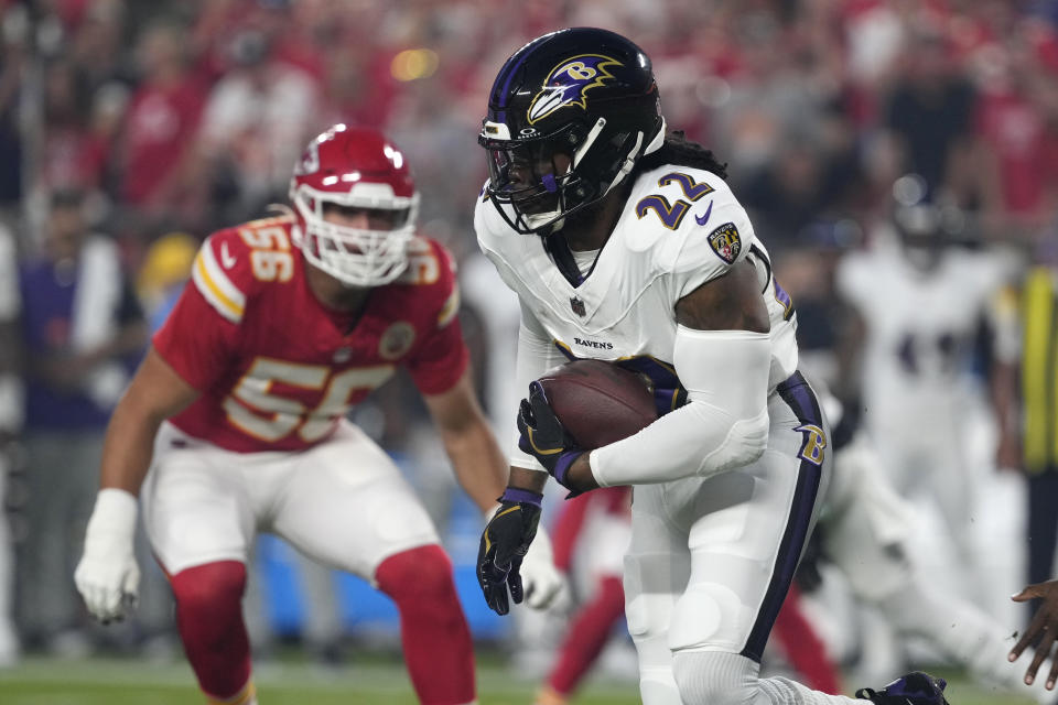 Derrick Henry started his Ravens career with the first touchdown of the 2024 NFL season. (AP Photo/Ed Zurga)