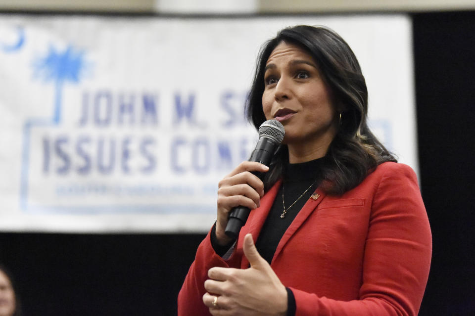 Democratic presidential contender Tulsi Gabbard speaks to Democrats gathered on Saturday, Dec. 14, 2019. (AP Photo/Meg Kinnard)