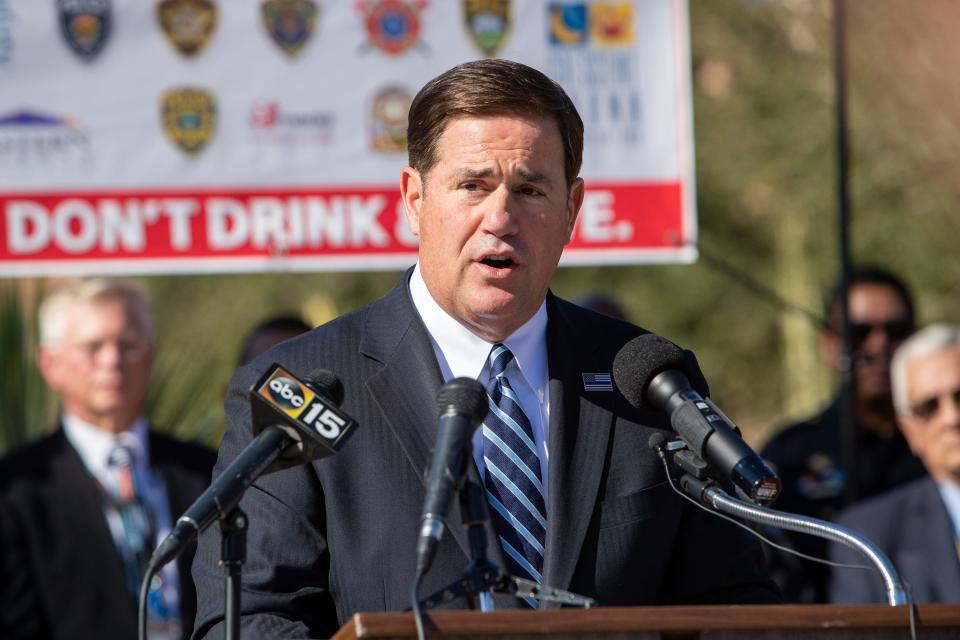 Governor Doug Ducey speaks at the Governor's Office of Highway Safety DUI Task Force Launch at the Capitol in Phoenix on Dec. 2, 2021.