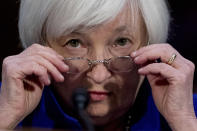 FILE - In this Feb. 14, 2017 file photo Federal Reserve Chair Janet Yellen appears on Capitol Hill in Washington before the Senate Banking Committee. (AP Photo/Andrew Harnik, File)