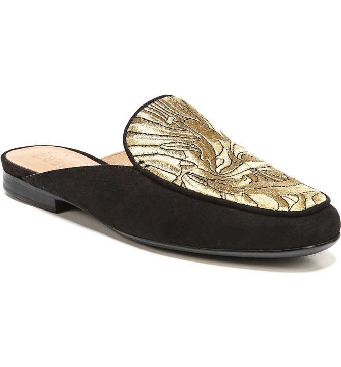 Get them <a href="https://shop.nordstrom.com/s/naturalizer-eden-ii-embroidered-mule-women/4857832?origin=category-personalizedsort&amp;fashioncolor=BLACK%2F%20GOLD%20LEATHER" target="_blank">here</a>.&nbsp;