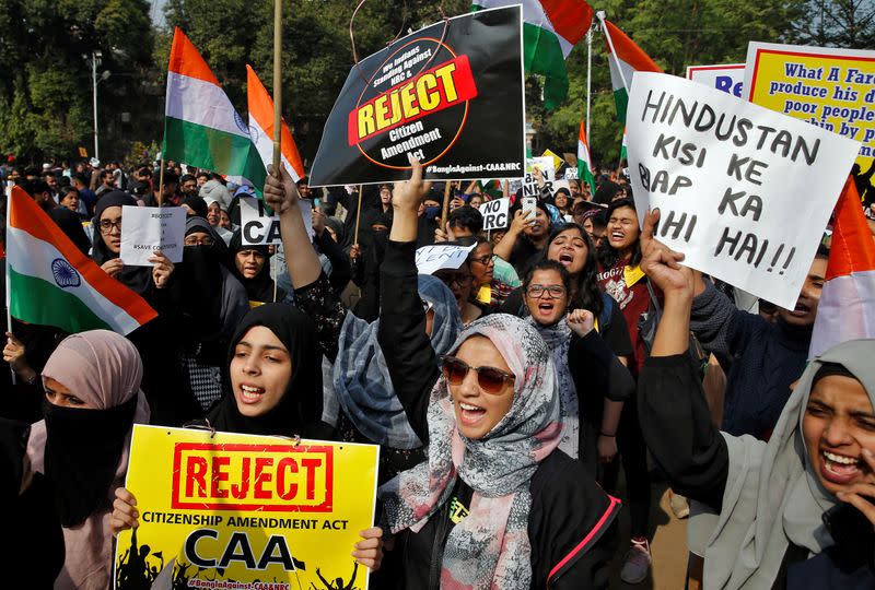 Demonstrators shout slogans during a protest against the National Register of Citizens and a new citizenship law, in Kolkata