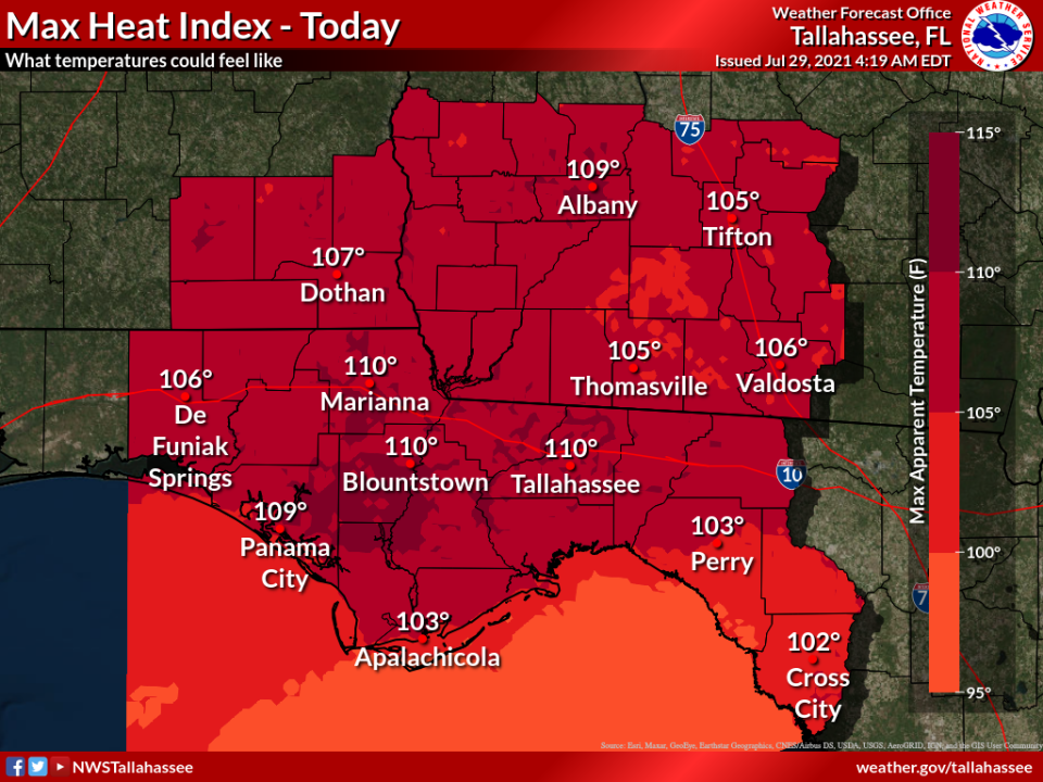 National Weather Service heat indexes show the 'dangerously hot' temperatures in Tallahassee and the greater Big Bend area, which begin last Thursday and run through the weekend.