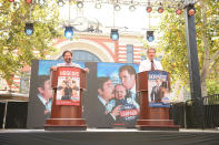 LOS ANGELES, CA - JULY 17: Actors Zach Galifianakis and Will Ferrell attend the press conference for the launch of Warner Bros. Pictures' "The Campaign" Whistle Stop Tour, held at The Grove on July 17, 2012 in Los Angeles, California. (Photo by Jason Merritt/Getty Images)