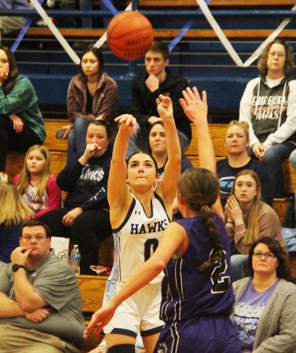 Chloe Sisco launches a 3-pointer for Prairie Central Thursday against El Paso-Gridley. Sisco had 20 points as the Hawks cruised to a 60-35 victory.
