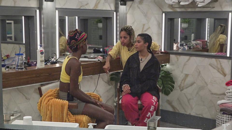 Following a live vote, a Houseguest is evicted and interviewed by Host Julie Chen Moonves. Remaining Houseguests compete for power in the next Head of Household on BIG BROTHER Thursday, August 26th (8:00 -- 9:01 PM ET/PT on the CBS Television Network and live streaming on P+. Pictured: Azah Awasum, Tiffany Mitchel, Hannah
