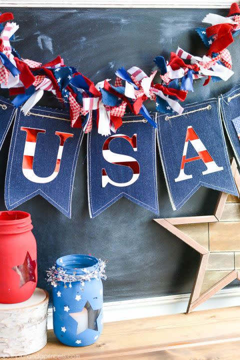 red, white and blue crafts you might plan for a 4th of july activity including painted mason jar votives, a garland of tied ribbon scraps, and denim pennants spelling out usa