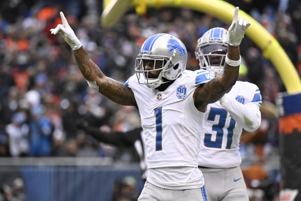 Lions defensive back Cameron Sutton reacts after a defensive play during the third quarter on Sunday, Dec. 10, 2023, in Chicago.