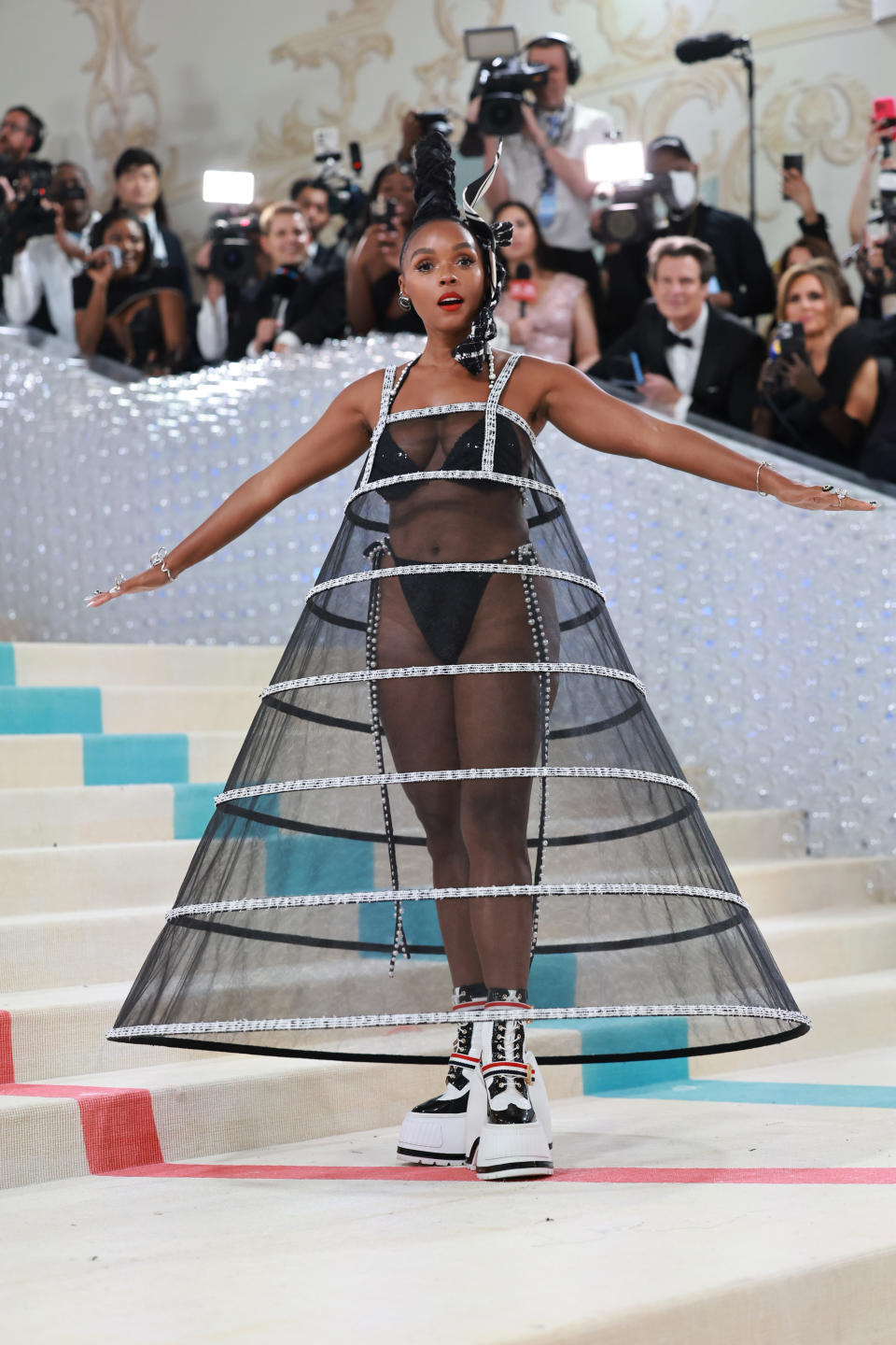 thom browne, sheer dresses trend, see-through style outfit fashion trends, NEW YORK, NEW YORK - MAY 01: Janelle Monáe attends The 2023 Met Gala Celebrating "Karl Lagerfeld: A Line Of Beauty" at The Metropolitan Museum of Art on May 01, 2023 in New York City. (Photo by Theo Wargo/Getty Images for Karl Lagerfeld)