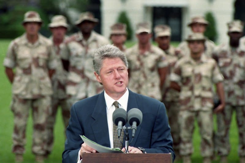 President Bill Clinton speaks with a group of U.S. troops just back from Somalia on May 5, 1993. Two months later, on July 19, 1993, Clinton announced its "don't ask, don't tell, don't pursue" policy toward homosexuals in the U.S. military. UPI File Photo