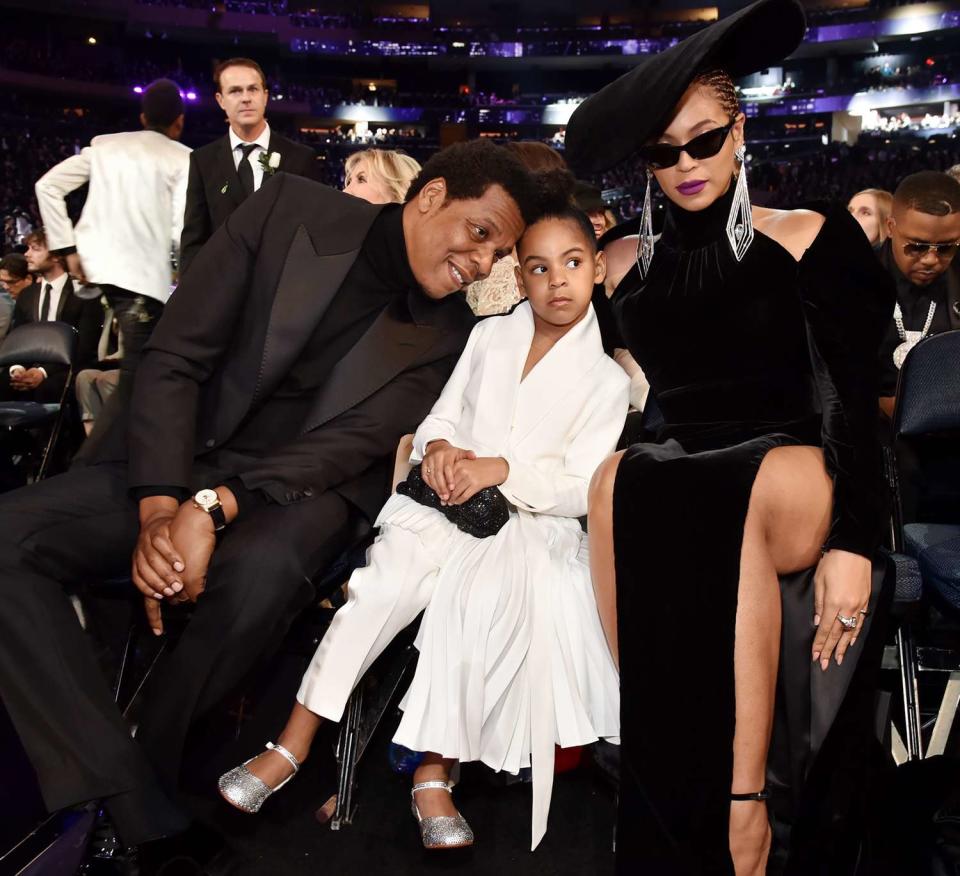 Jay Z, daughter Blue Ivy Carter and recording artist Beyonce attend the 60th Annual GRAMMY Awards at Madison Square Garden on January 28, 2018 in New York City