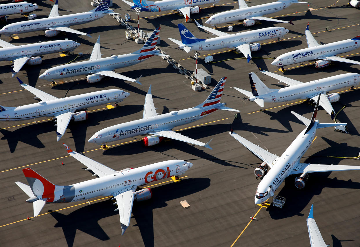 Grounded Boeing 737 MAX aircraft are seen parked in an aerial photo at Boeing Field in Seattle, Washington, U.S. July 1, 2019. Picture taken July 1, 2019.  REUTERS/Lindsey Wasson