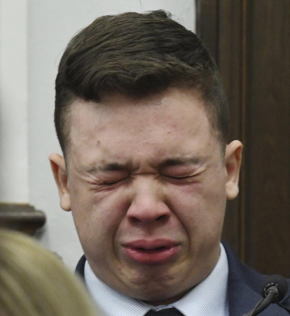 Kyle Rittenhouse breaks down on the stand as he testifies about his encounter with the late Joseph Rosenbaum during his trial at the Kenosha County Courthouse in Kenosha, Wis., on Wednesday, Nov. 10, 2021. Rittenhouse is accused of killing two people and wounding a third during a protest over police brutality in Kenosha, last year. (Mark Hertzberg /Pool Photo via AP)