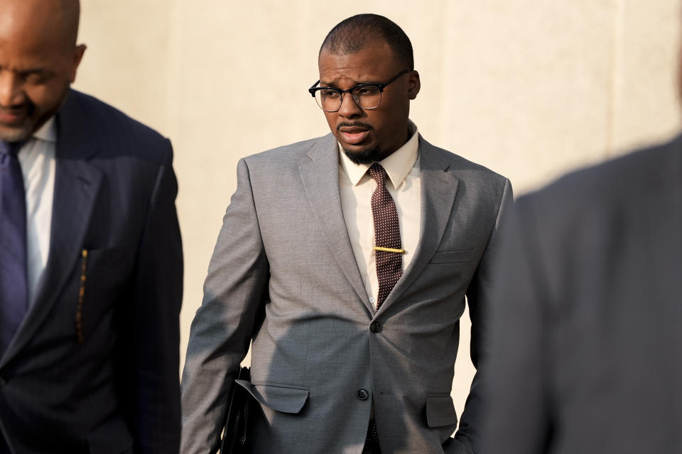 Former Memphis police officer Justin Smith leaves the federal courthouse after the first day of jury selection of the trial in the Tyre Nichols case Monday, Sept. 9, 2024, in Memphis, Tenn. (AP Photo/George Walker IV)