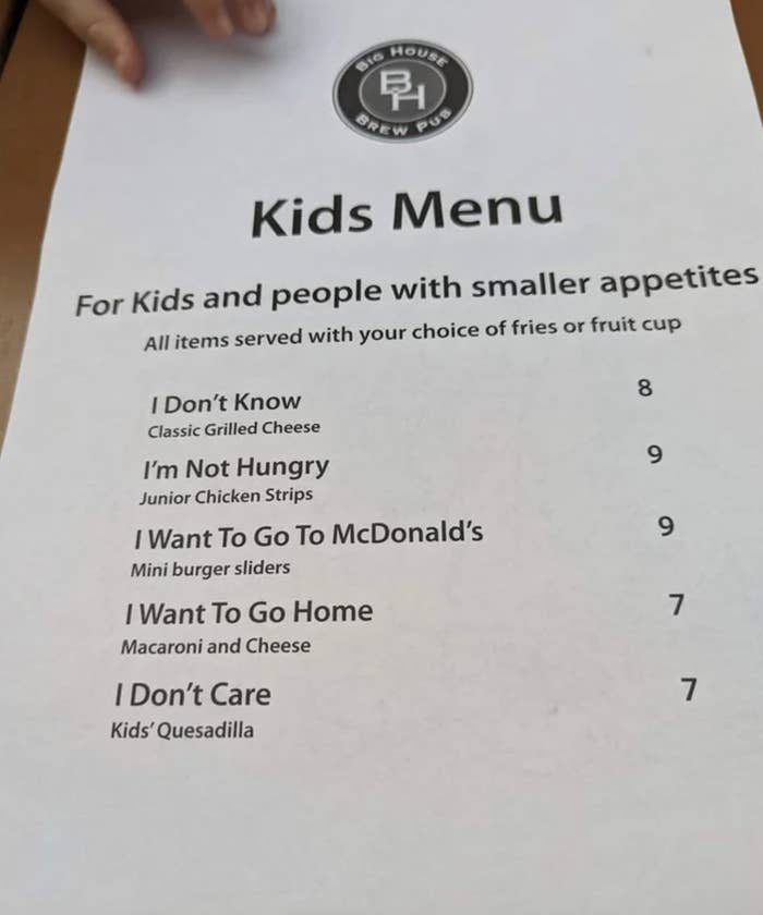 menu items listed as, "i don't care", "i want to go home", "i'm not hungry"