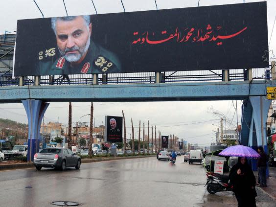 A billboard portrait of Soleimani in Beirut’s suburbs (Aziz Taher/Reuters)
