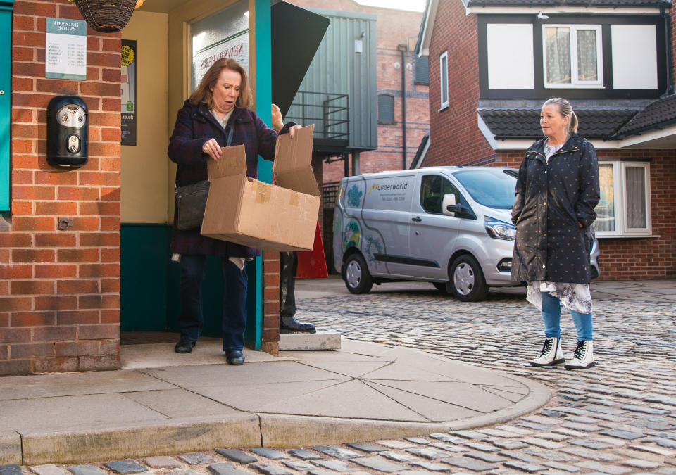 FROM ITV

STRICT EMBARGO - No Use Before Tuesday 6th April 2021

Coronation Street - Ep 10297

Monday 12th April 2021 - 1st Ep

As Brian Packham [PETER GUNN], Cathy Matthews [MELANIE HILL] and Bernie Winter [JANE HAZLEGROVE] head back from lunching at Speed Daal, Cathy gets a call from Dev telling her that it would be best if she stayed away from the kebab shop for a while until the customers forget what sheâ€™s done. Cathyâ€™s further upset when she finds a parcel on the Kabin doorstep containing a funeral wreath.

Picture contact David.crook@itv.com 

Photographer - Danielle Baguley

This photograph is (C) ITV Plc and can only be reproduced for editorial purposes directly in connection with the programme or event mentioned above, or ITV plc. Once made available by ITV plc Picture Desk, this photograph can be reproduced once only up until the transmission [TX] date and no reproduction fee will be charged. Any subsequent usage may incur a fee. This photograph must not be manipulated [excluding basic cropping] in a manner which alters the visual appearance of the person photographed deemed detrimental or inappropriate by ITV plc Picture Desk. This photograph must not be syndicated to any other company, publication or website, or permanently archived, without the express written permission of ITV Picture Desk. Full Terms and conditions are available on  www.itv.com/presscentre/itvpictures/terms