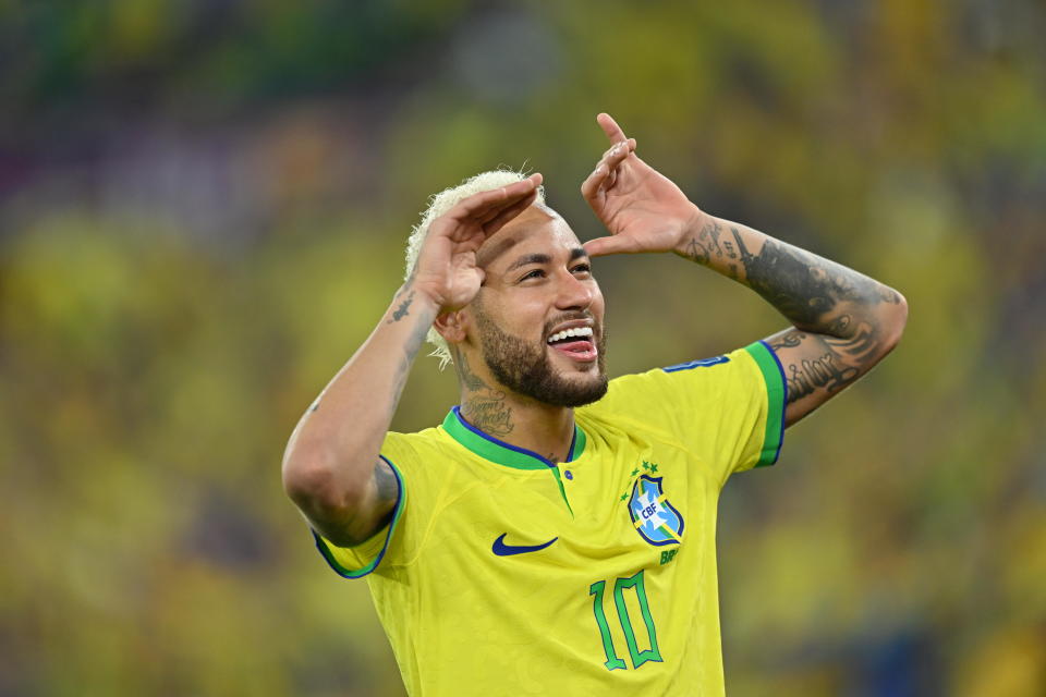 DOHA, QATAR - DECEMBER 05: Neymar of Brazil celebrates at the end of the FIFA World Cup Qatar 2022 Round of 16 match between Brazil and South Korea at Stadium 974 on December 05, 2022 in Doha, Qatar. (Photo by Mustafa Yalcin/Anadolu Agency via Getty Images)