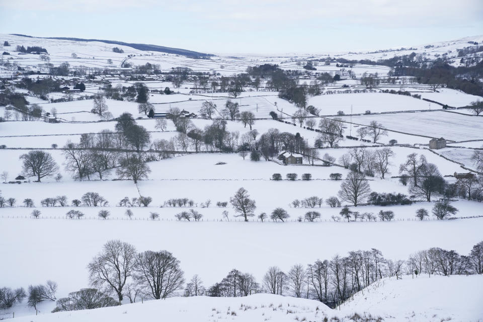 Snow on the hillsides in Teesdale after temperatures plunged to below minus 22C overnight, the lowest in the UK in more than two decades. Picture date: Thursday February 11, 2021.