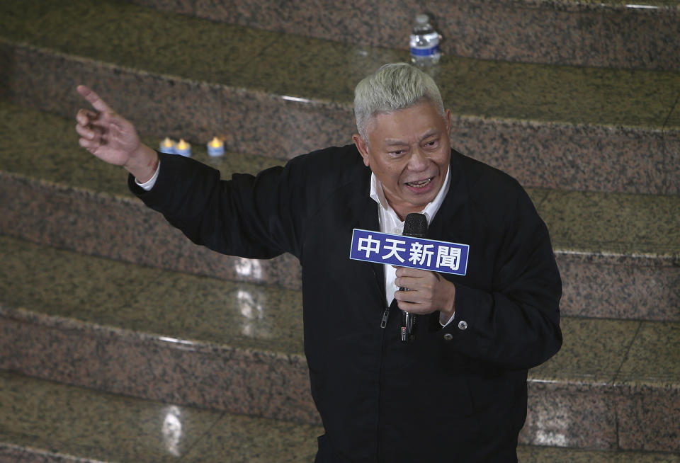 Tsai Eng-meng, owner of CTi TV, speaks on the last night before the cable news channel halts its broadcast operations at the hall of CTi TV in Taipei, Taiwan, Friday, Dec. 11, 2020. CTi TV, a leading pro-China cable news channel, halted its broadcast operations at midnight Friday after Taiwan''s government refused to renew its license, citing accuracy issues. (AP Photo/Chiang Ying-ying)