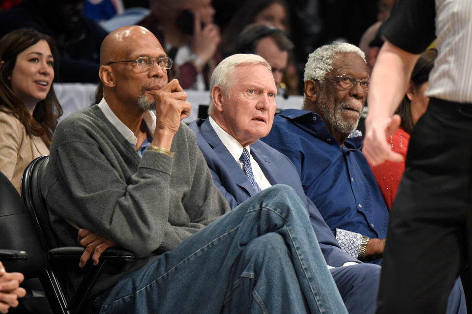 Kareem Abdul-Jabbar, Jerry West and Bill Russell are unquestionably three of the 15 greatest players in the history of the NBA. (Kevin Mazur/WireImage)