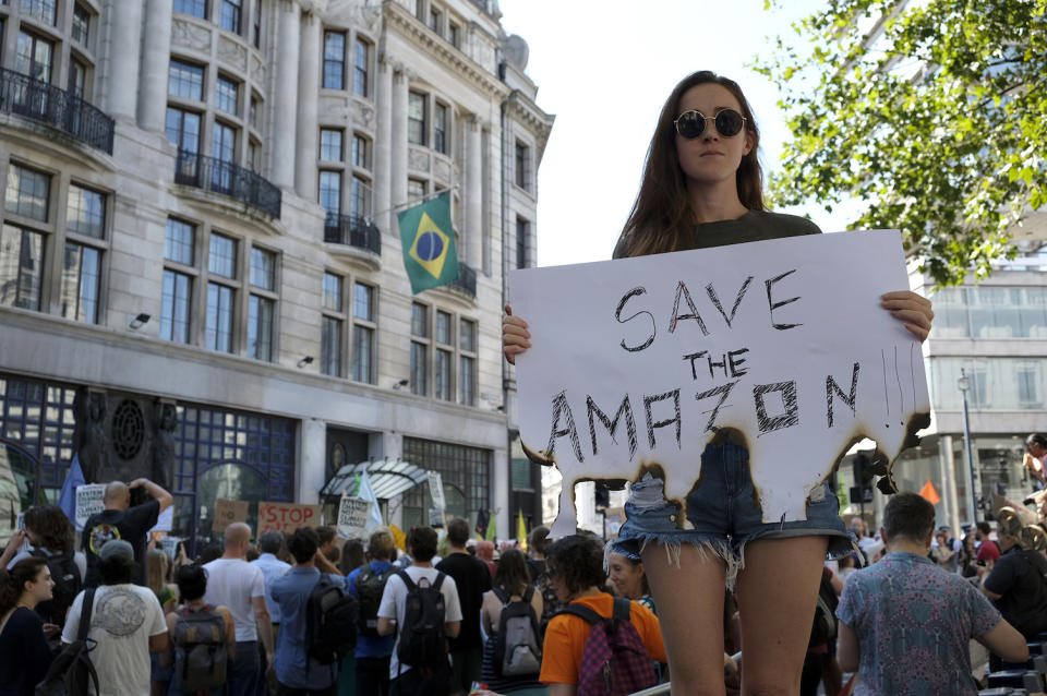 An environmental activist seen holding a placard outside the Brazilian embassy in London (Picture: PA)