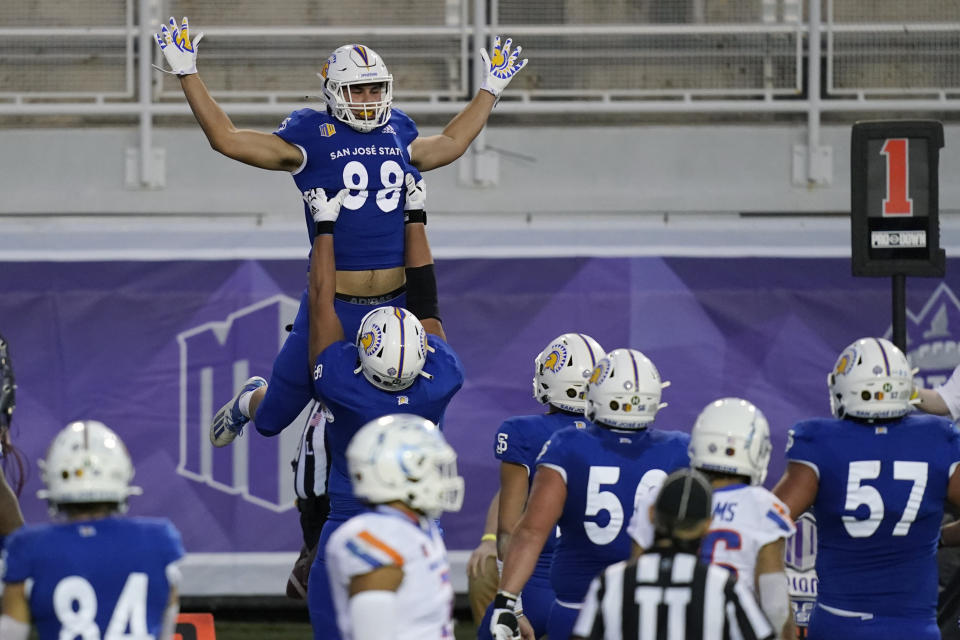 San Jose State tight end Sam Olson (88) celebrates after scoring a 2-point conversion against Boise State during the second half of an NCAA college football game for the Mountain West championship, Saturday, Dec. 19, 2020, in Las Vegas. (AP Photo/John Locher)