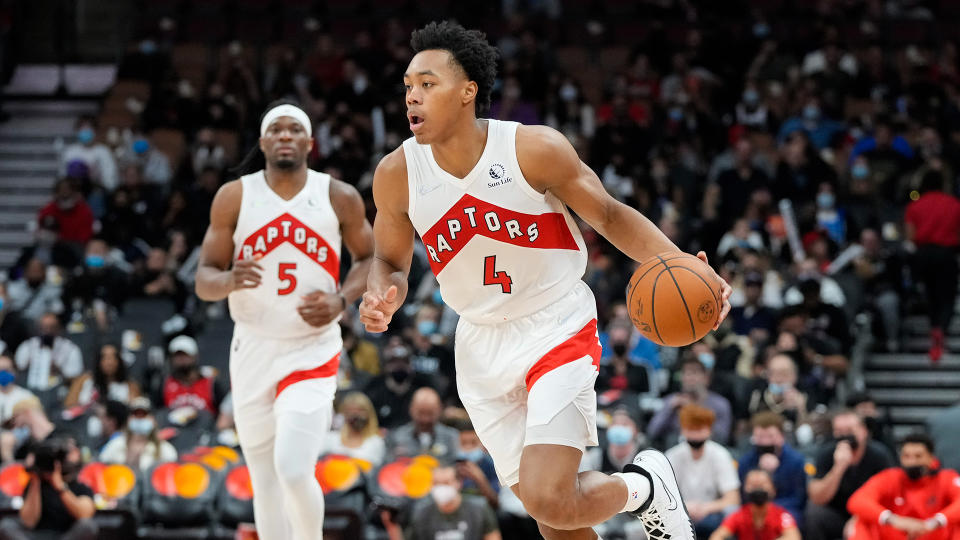 Rookie Scottie Barnes (4) is starting the season in the Raptors' starting lineup. (Kevin Sousa-USA TODAY Sports)