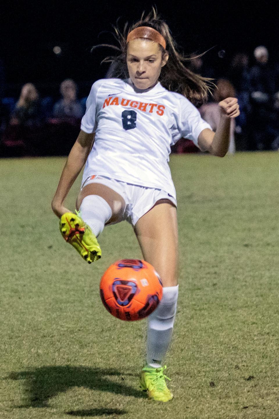 Lakeland's Reese Hughes controls the ball against Winter Haven on Friday night in the championship match of the Champions bracket in the Polk County Girls Soccer Tournament.