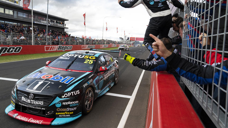 Chaz Mostert and Lee Holdsworth took out the Bathurst 1000 on Sunday, recovering from an early tyre failure to win from pole. (Photo by Daniel Kalisz/Getty Images)