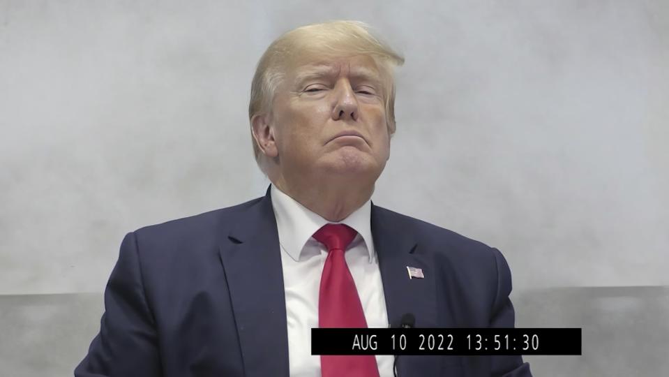 In this image from video provided by the New York State Attorney General, former President Donald Trump listens during an Aug. 10, 2022, deposition, in New York. Trump was deposed as part of state Attorney General Letitia James' civil investigation. (New York State Attorney General via AP)