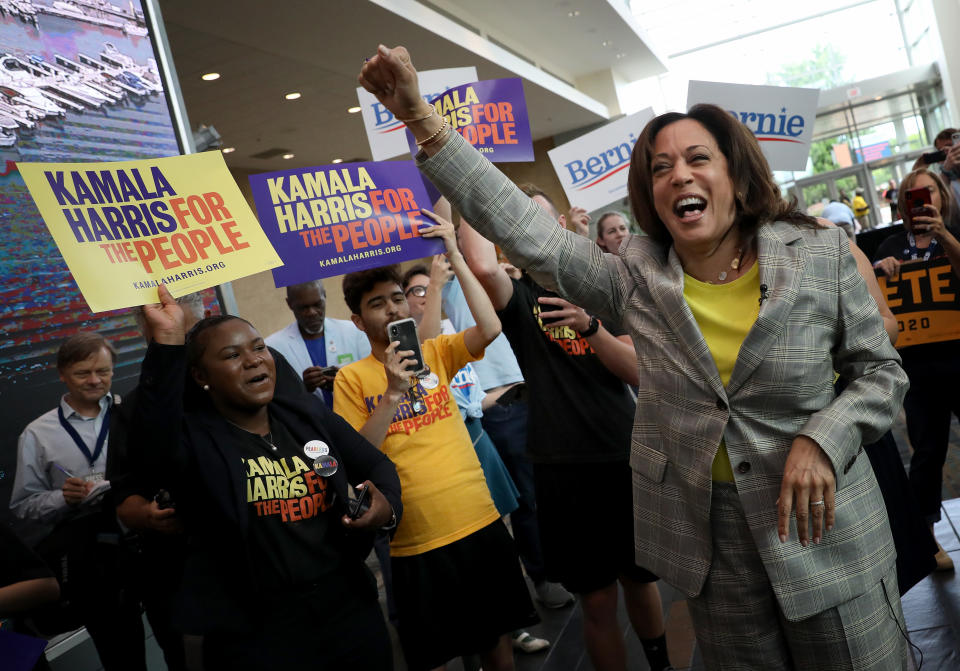 Sen. Kamala Harris, D-Calif., celebrates with supporters. (Photo: Win McNamee/Getty Images)