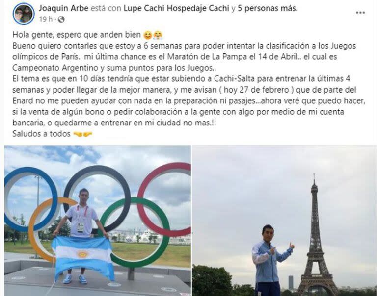 El reclamo del maratonista Joaquín Arbe en facebook
