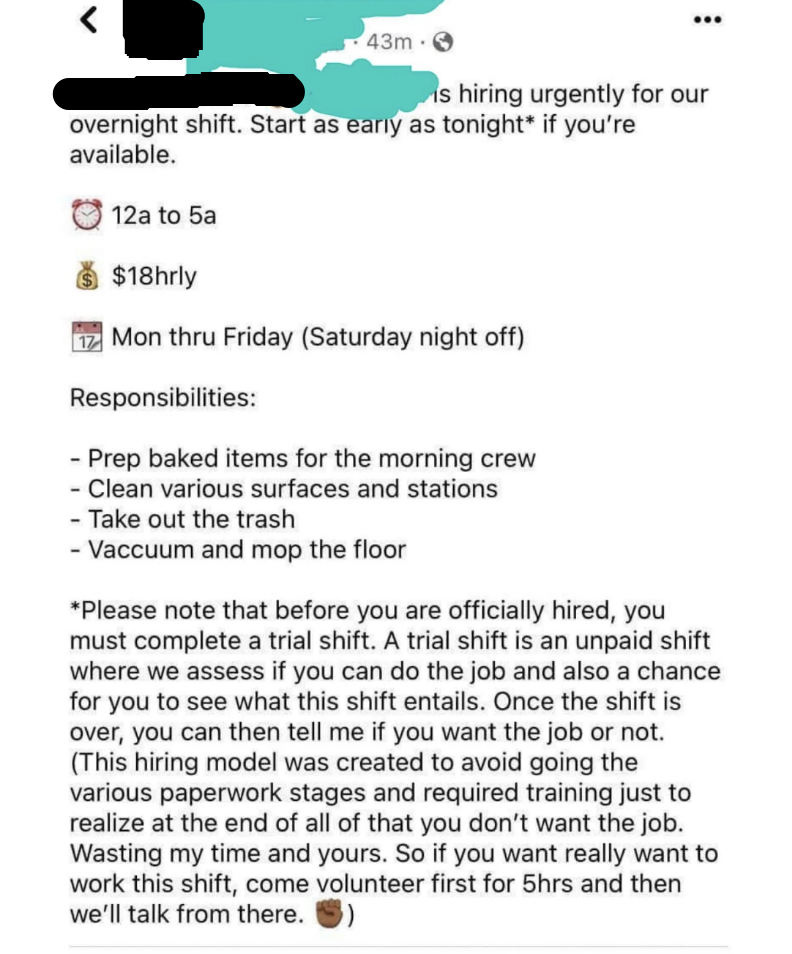 Job posting for overnight cleaning crew with various responsibilities such as cleaning surfaces, taking out trash, and vacuuming, urgent hire, but first they must complete an unpaid "trial shift" for five hours for then to decide if they like it