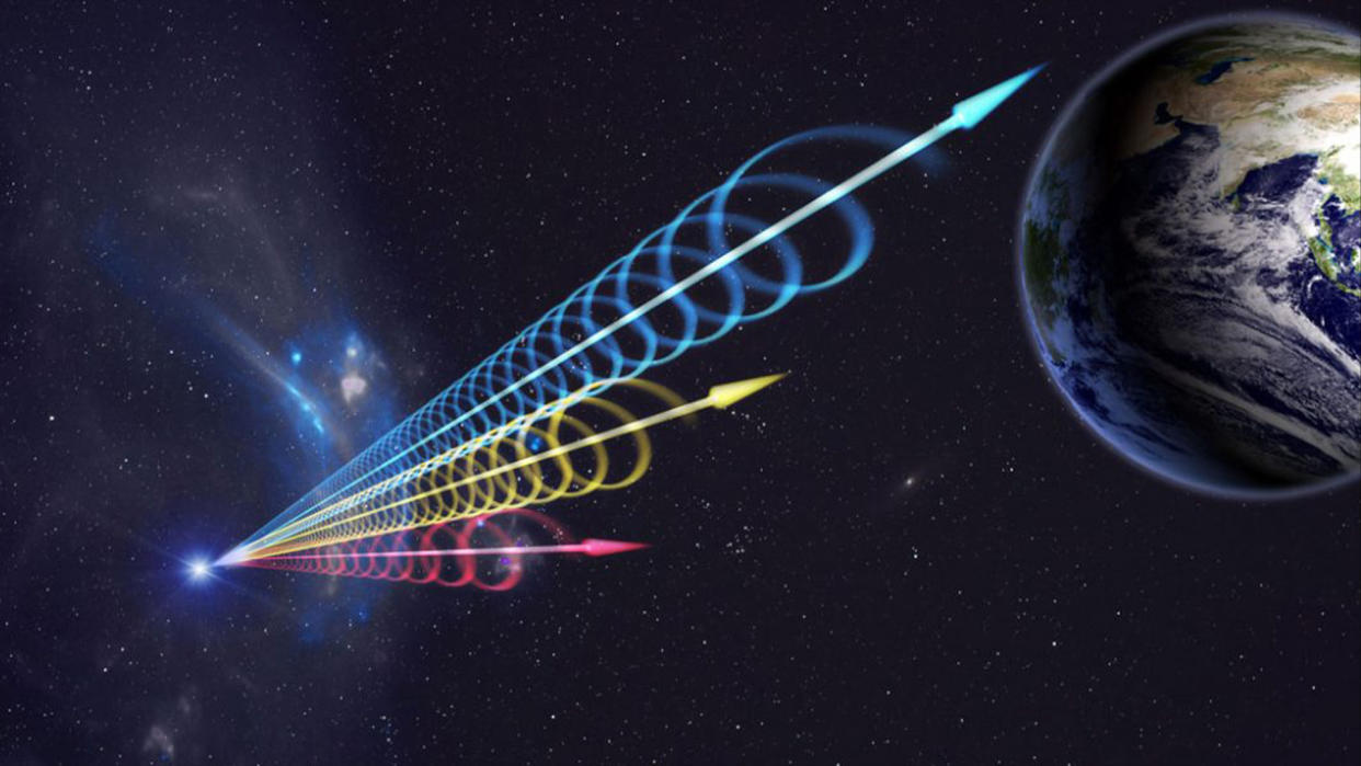  An illustration shows mysterious fast radio bursts as they bombard Earth from deep space. 