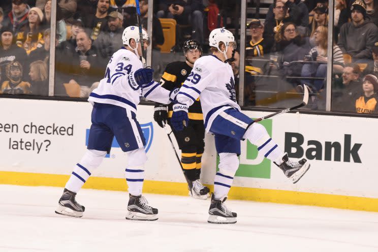 William Nylander celebrates his first goal of the night vs. the Bruins. (Getty Images)