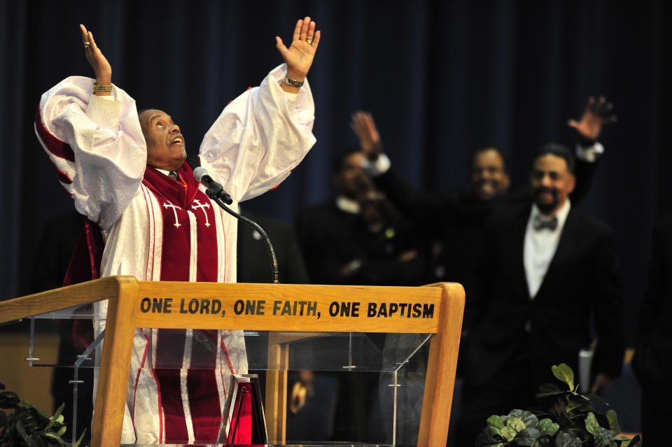 Rev. Charles G. Adams gives the sermon at Hartford Memorial Baptist Church in Detroit on July 2, 2017. Rev. Adams has died following an illness. He was 86. Adams died Wednesday, Nov. 29, 2023 following a bout with pneumonia, his sister, Edith Clifton, told The Detroit News for a story Thursday. (Daniel Mears/Detroit News via AP)