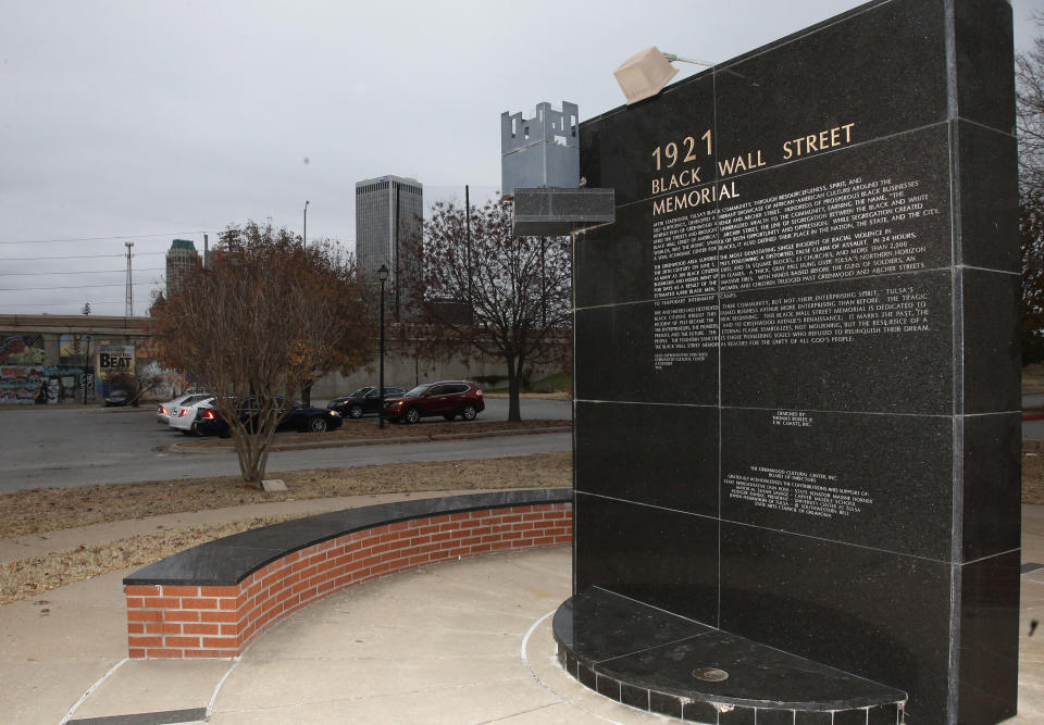 A memorial to Tulsa's Black Wall Street outside the Greenwood Cultural Center on the outskirts of downtown Tulsa, Oklahoma. (Photo: Sue Ogrocki/ASSOCIATED PRESS)