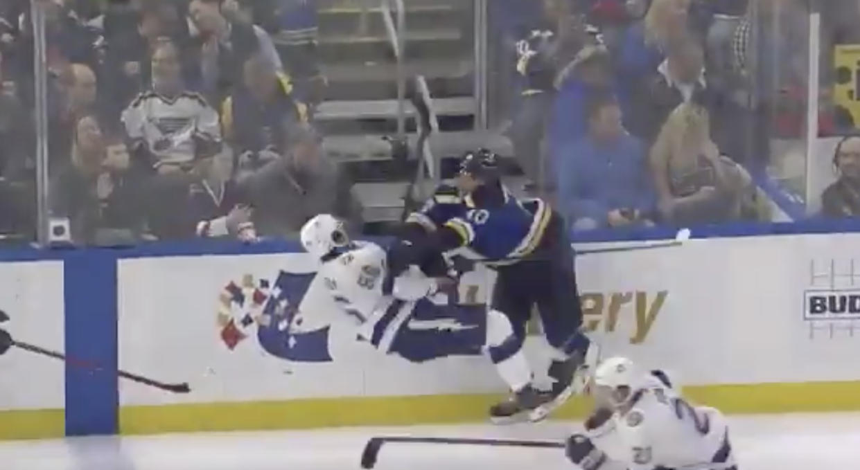 Nikita Kucherov of the Tampa Bay Lightning took a heavy hit from St. Louis Blues' Brayden Schenn in the second period on Tuesday night. (Twitter//@hayyyshayyy)